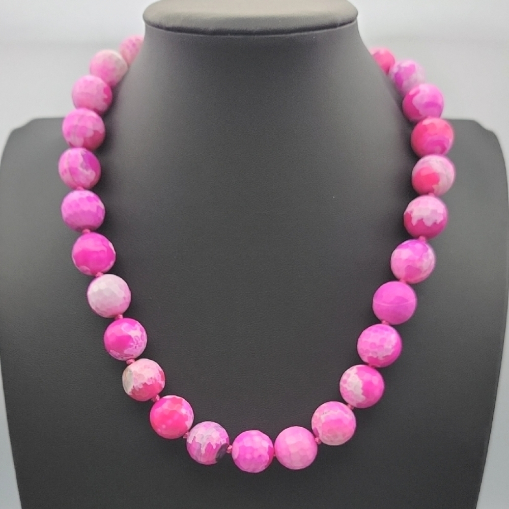 14mm Faceted Rose Fire Agate Natural Gemstones Round Beads Knot 16" Necklace